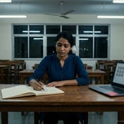 AI-generated image: a young woman researcher in a deep-blue kurta sits at a wooden desk in an empty university computer lab at night, drawing two small squares joined by a line in a notebook, a laptop beside her showing two grids of grey tiles