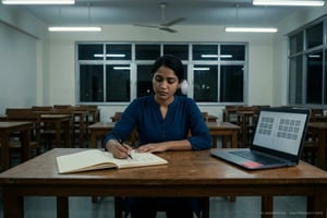 AI-generated image: a young woman researcher in a deep-blue kurta sits at a wooden desk in an empty university computer lab at night, drawing two small squares joined by a line in a notebook, a laptop beside her showing two grids of grey tiles
