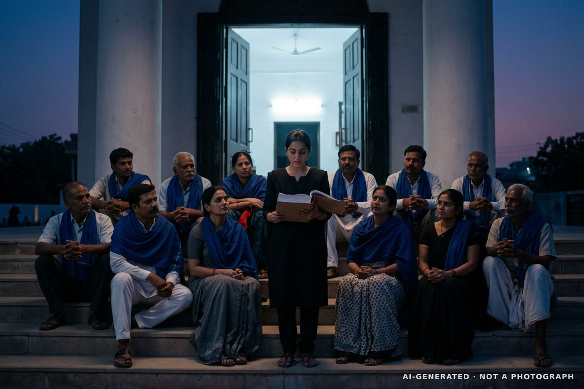 AI-generated image: at dusk, a group of men and women with deep-blue cloths across their shoulders sit on the steps of a district court while a young woman in black reads aloud from a thick bound judgment; cold white light spills from the open doors behind them