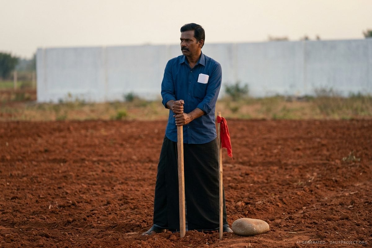 AI-generated image: a farmer in a blue shirt and black veshti stands in a red-earth field at dawn holding a wooden boundary stake tied with a red cloth, a long white compound wall behind him