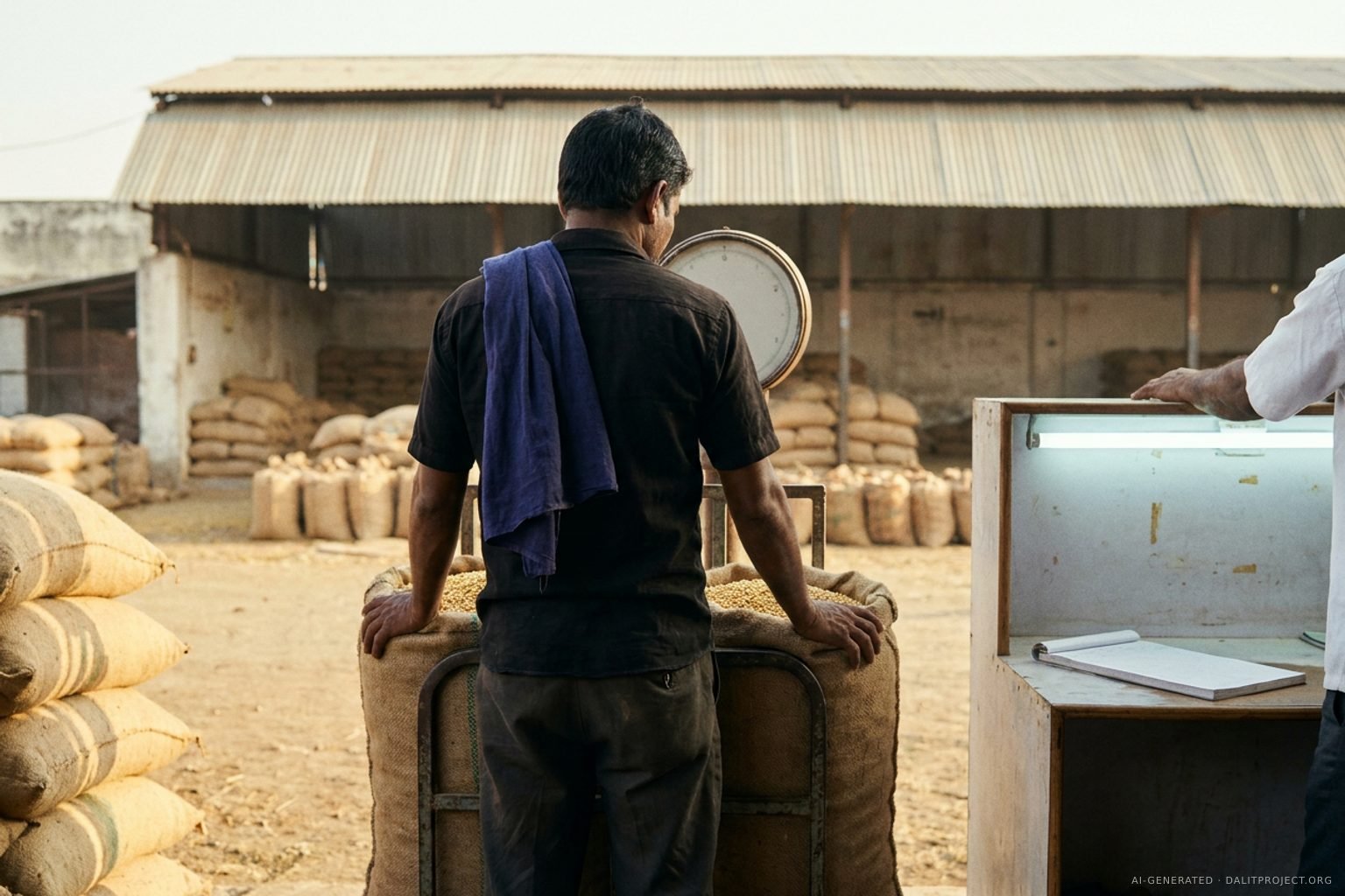 AI-generated image: a farmer seen from behind rests both hands on sacks of soybean on a trader's iron platform scale, while a trader's forearm reaches into the frame beside a counter.