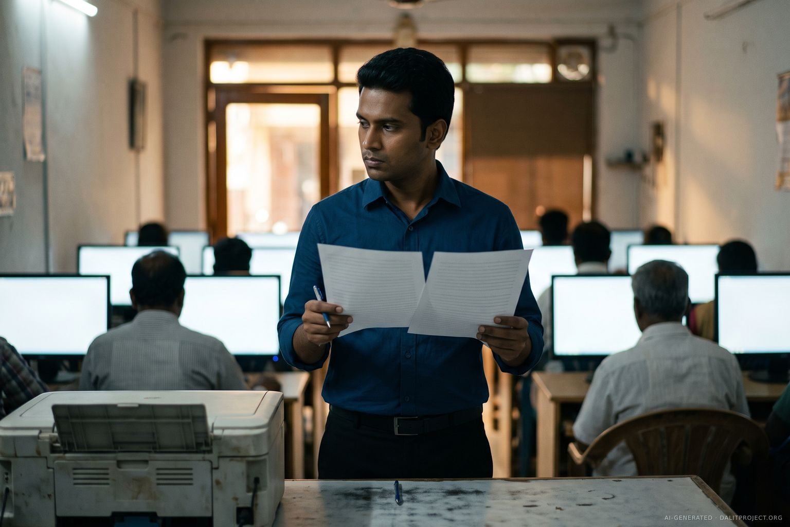 AI-generated image: a man in a deep-blue shirt stands at a printer counter in a cyber café, holding two printed pages side by side with a pen in hand, looking off to one side with a sceptical expression, while people sit at rows of glowing white computer screens behind him