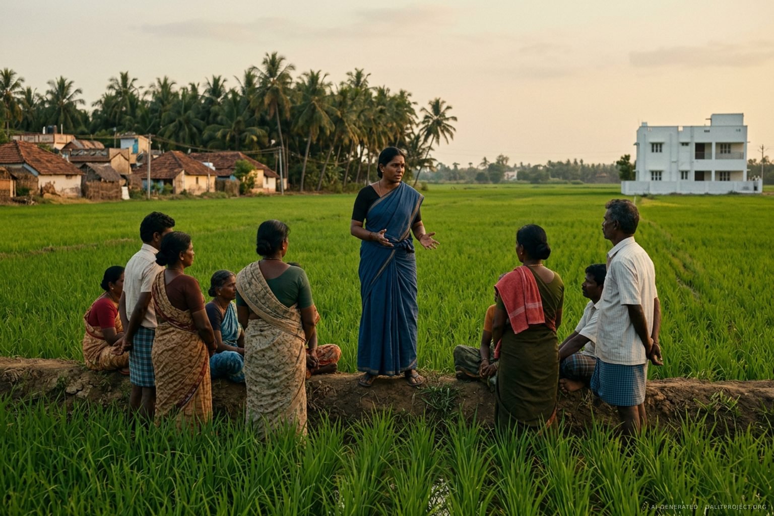 AI-generated image: a woman farm worker in a deep-blue sari stands on a raised earthen bund in a green paddy field and speaks to a small group of fellow farm workers sitting and standing along the bund, with a village of tiled roofs and coconut palms behind them and a large white landowner's house at the far right
