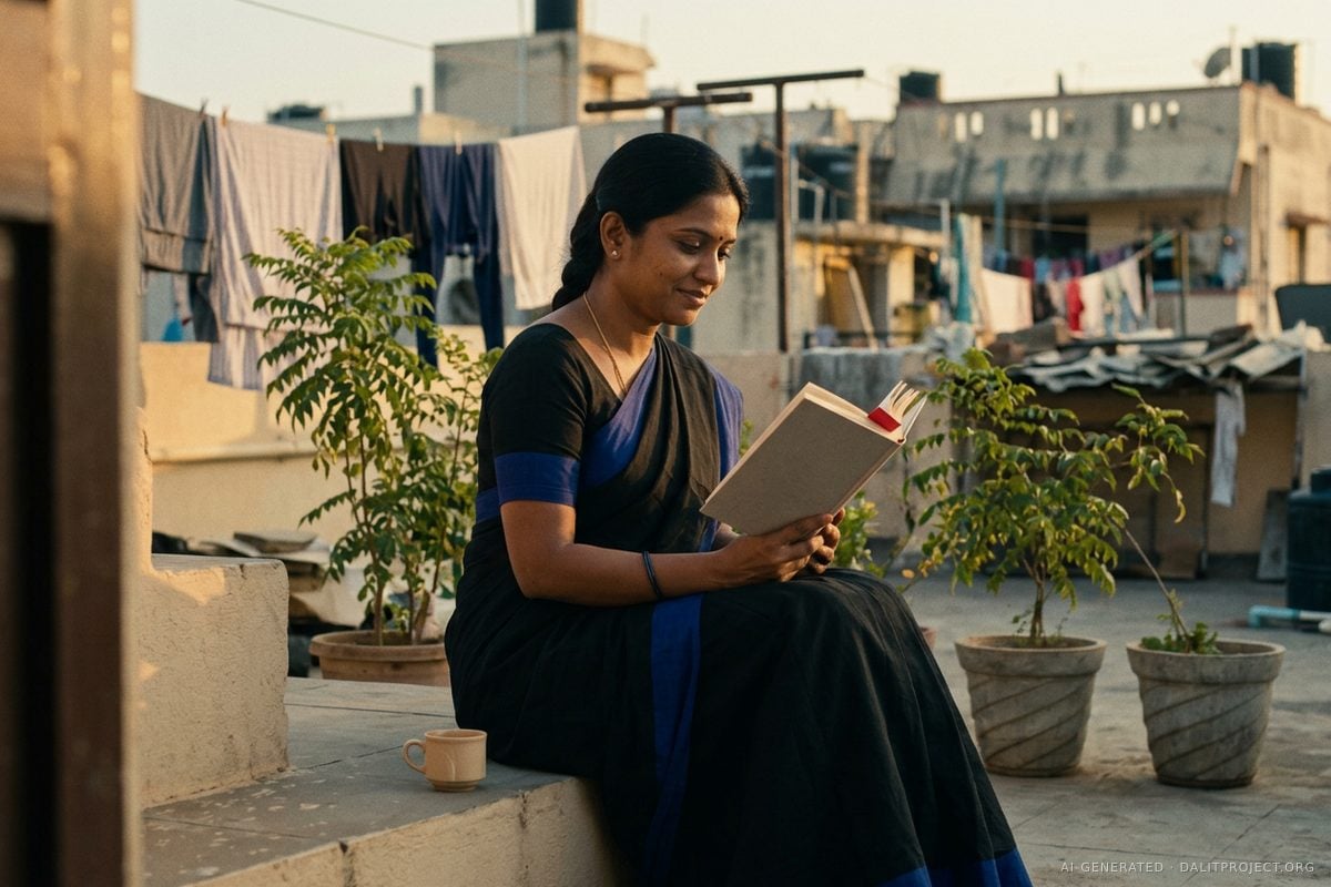 AI-generated image: a woman in a black sari with a blue border sits on a rooftop terrace in the evening light, reading a book with a blank cover, washing lines and potted plants behind her