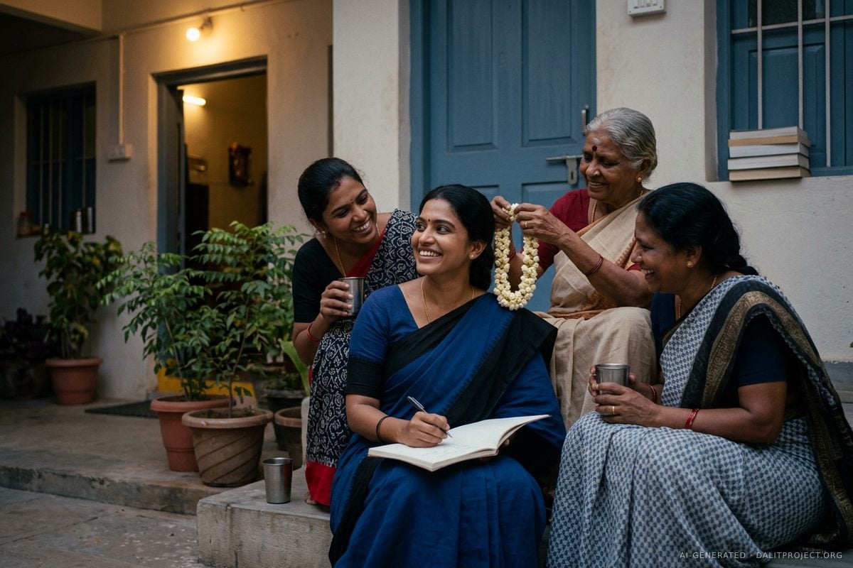 AI-generated image: a woman in a blue sari with a black border sits on the steps of a Chennai housing-block courtyard with a notebook and pen, smiling, as three women of different ages laugh with her over tea and one threads jasmine; a blue door and a stack of books behind them