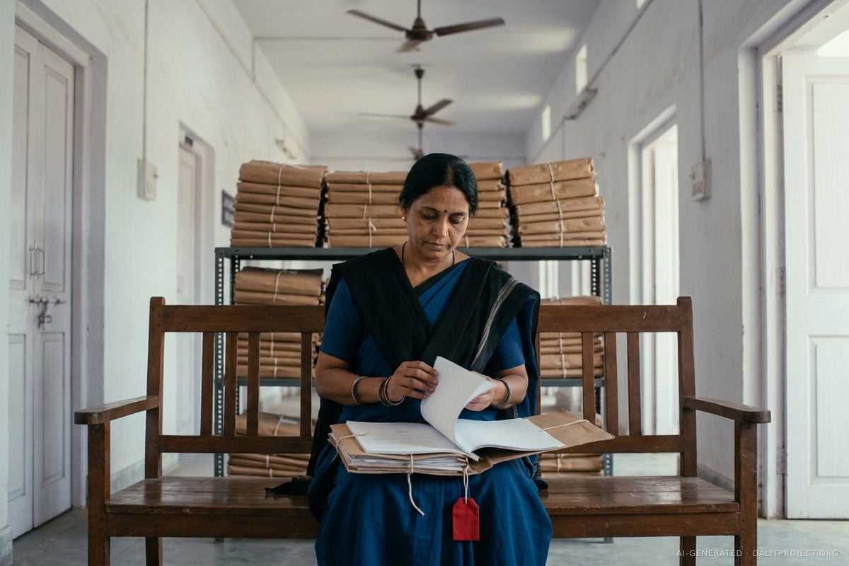 AI-generated image: a woman in a deep-blue sari and black shawl sits alone on a wooden bench in a white court corridor, turning the pages of a string-tied case file, in front of a steel rack stacked with tied bundles of files
