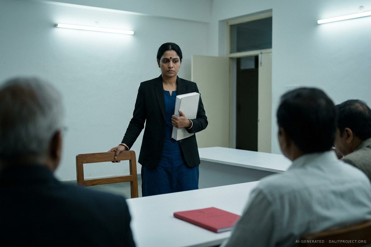 AI-generated image: a woman scholar in a black blazer over a blue kurta stands in a university selection room, one hand on an empty chair and a bound thesis under her arm, as committee members seen from behind sit at a white table