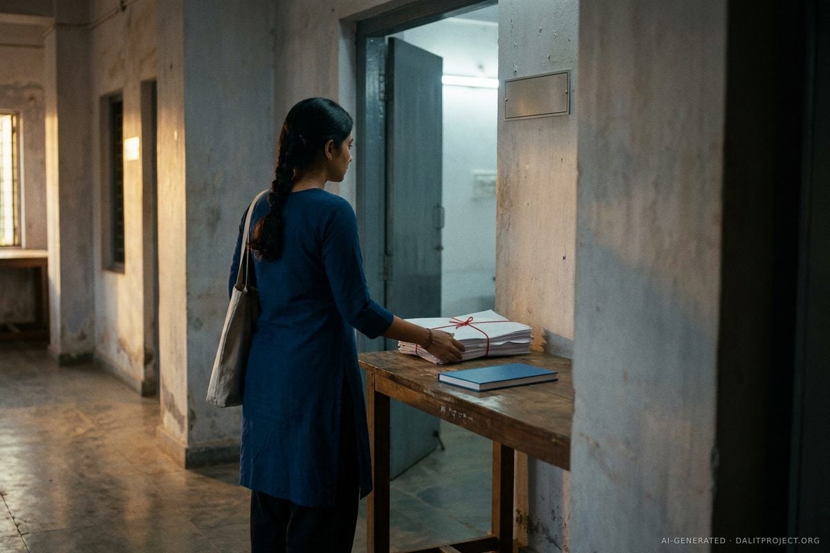 AI-generated image: a woman student in a deep-blue kurta, a cloth bag on her shoulder, places a bundle of pages tied with red string on a wooden counter at an open office door in a university corridor, a blank blue book beside it