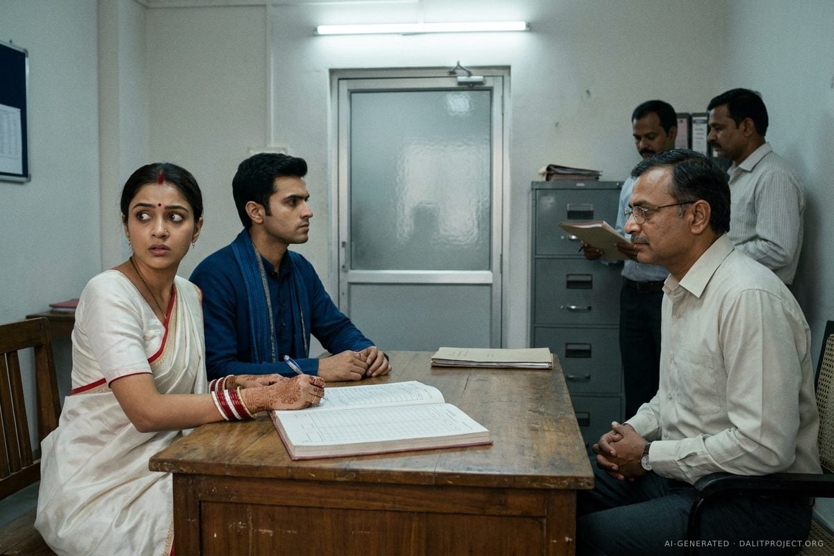 AI-generated image: a young couple in wedding clothes, the bride in a white sari with a red border and the groom in a blue kurta, sign a marriage register at a government office, glancing anxiously at the door while an officer and two staff look on