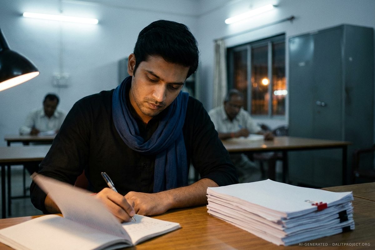 AI-generated image: a young man in a black kurta and deep-blue scarf writes in a notebook at a library desk beside a tall stack of blank photocopied papers held by a small red clip, as other readers work under white tube lights