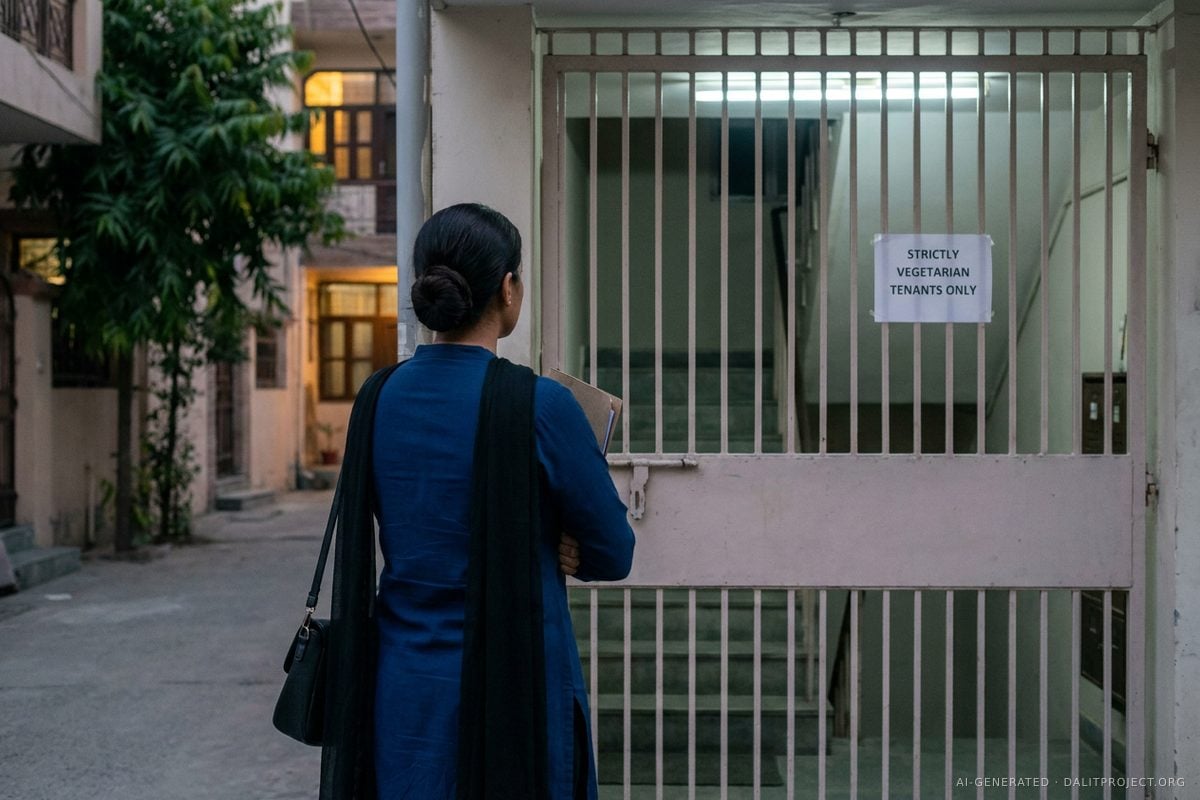 AI-generated image: seen from behind at dusk, a young woman in a blue kurta and black dupatta, holding a folder of papers, stands at the closed metal gate of an apartment building; a paper notice on the gate reads "Strictly vegetarian tenants only"
