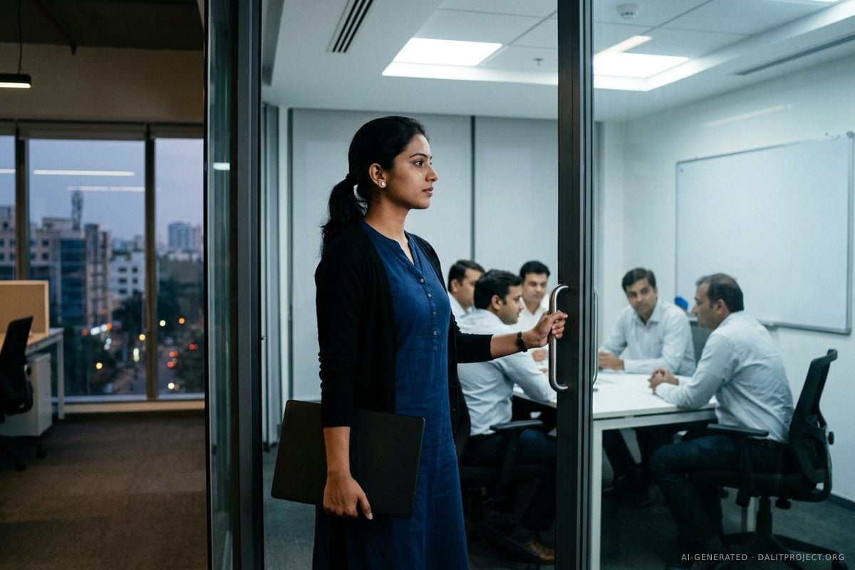 AI-generated image: a young woman in a deep-blue kurta and black cardigan, a closed laptop under her arm, pushes open the glass door of a brightly lit office meeting room where five men in pale shirts sit around a table, with city lights at dusk through the windows behind her