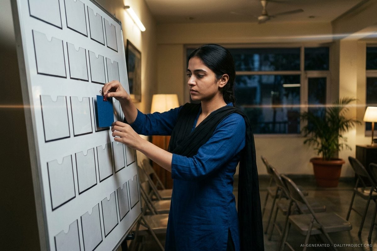 AI-generated image: a young woman organiser in a deep-blue kurta and black dupatta pins a blue card into an empty slot on a white board in a community hall, rows of empty chairs behind her