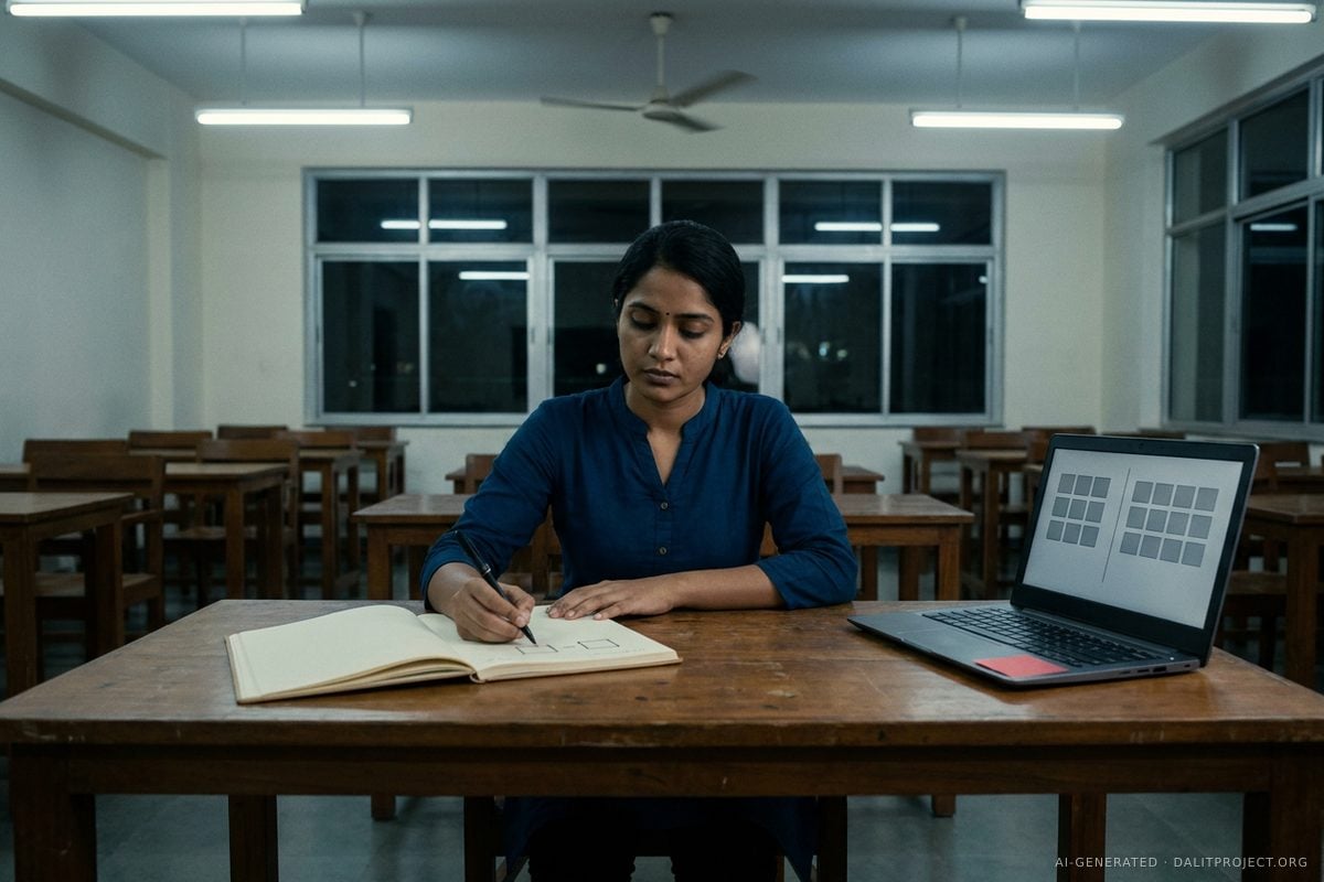 AI-generated image: a young woman researcher in a deep-blue kurta sits at a wooden desk in an empty university computer lab at night, drawing two small squares joined by a line in a notebook, a laptop beside her showing two grids of grey tiles