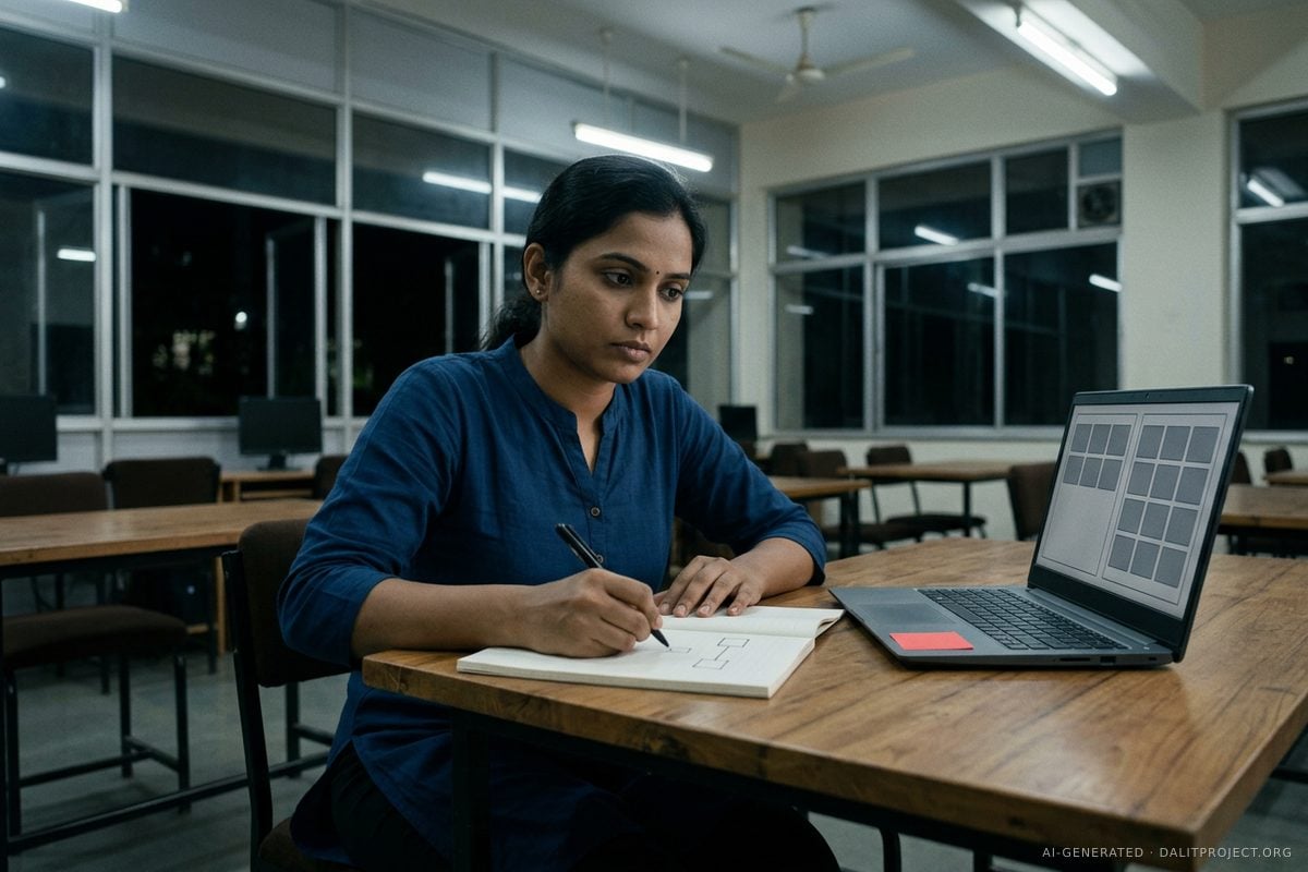 AI-generated image: a young woman researcher in a deep-blue kurta writes at a wooden desk in a university computer lab at night, sketching linked squares in a notebook lying flat on the desk, a laptop beside her showing grids of grey tiles