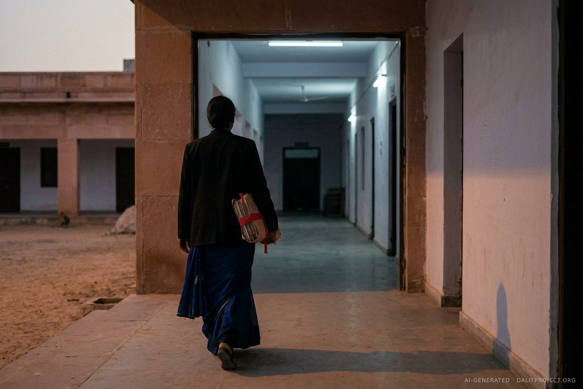 AI-generated image: seen from behind at dusk, a woman advocate in a black coat over a deep-blue sari walks from a sandstone courtyard into a court corridor lit cold white, a thick case file tied with red tape under her arm