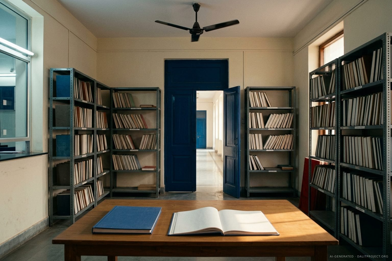AI-generated image: an empty public-records reading room, with grey steel shelves of blank-spined registers, a wooden table holding a closed blue folder and an open blank register, and a deep blue door standing open onto a bright corridor.