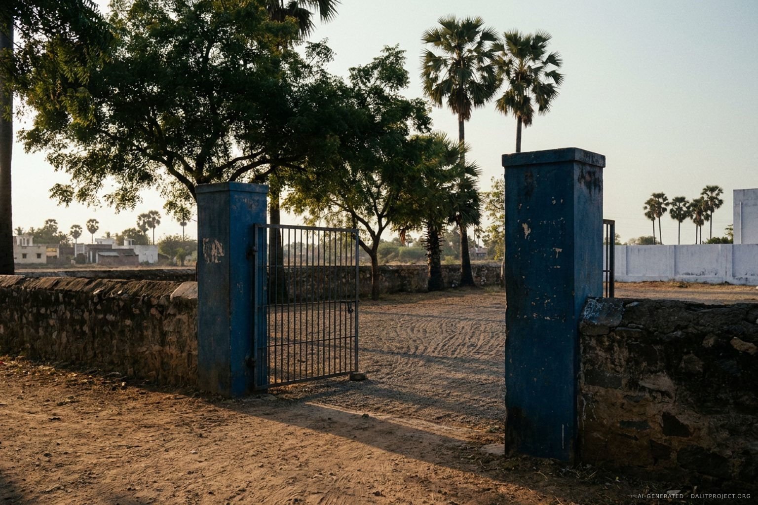 AI-generated image: an open metal gate between two weathered blue gateposts in a low stone wall, leading to a swept gravel burial ground under neem and palmyra trees in warm evening light. No people.