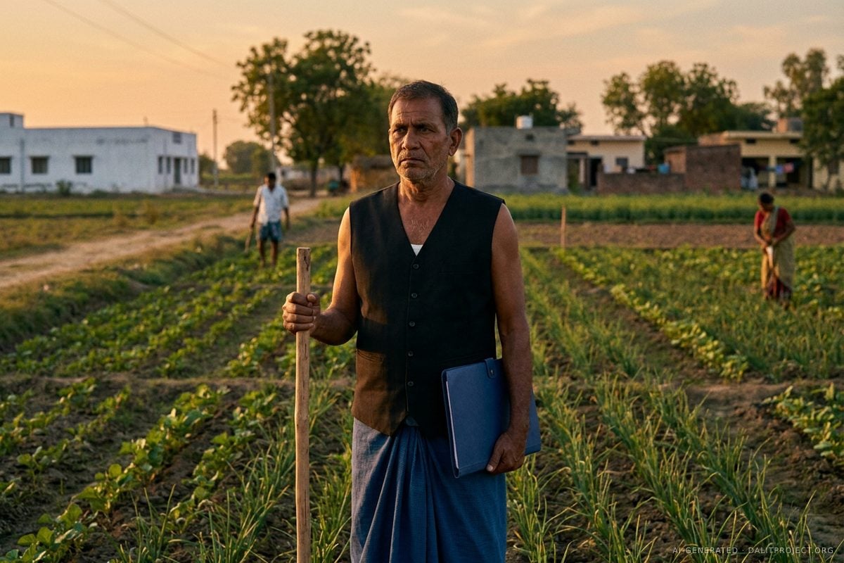AI-generated image: at sunset, a farmer in a black vest and deep-blue lungi stands at the corner of his plot with one hand on a wooden stake and a closed blue folder under his arm, while neighbours work their fields and a plain white office building stands in the distance
