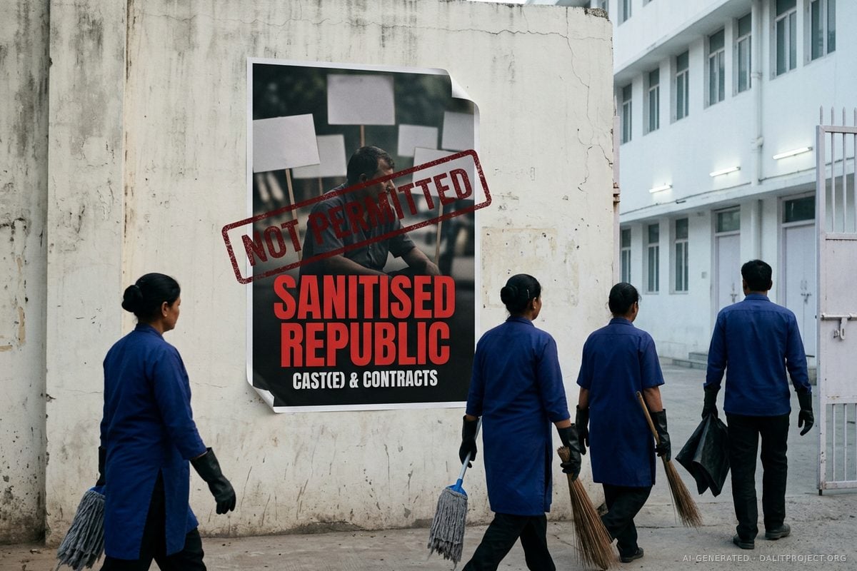 AI-generated image: four sanitation workers in deep-blue uniforms and black gloves walk with mops, brooms and black bags past an imagined film poster for Sanitised Republic: Cast(e) & Contracts, stamped NOT PERMITTED in red, toward the open gate of a white hospital building