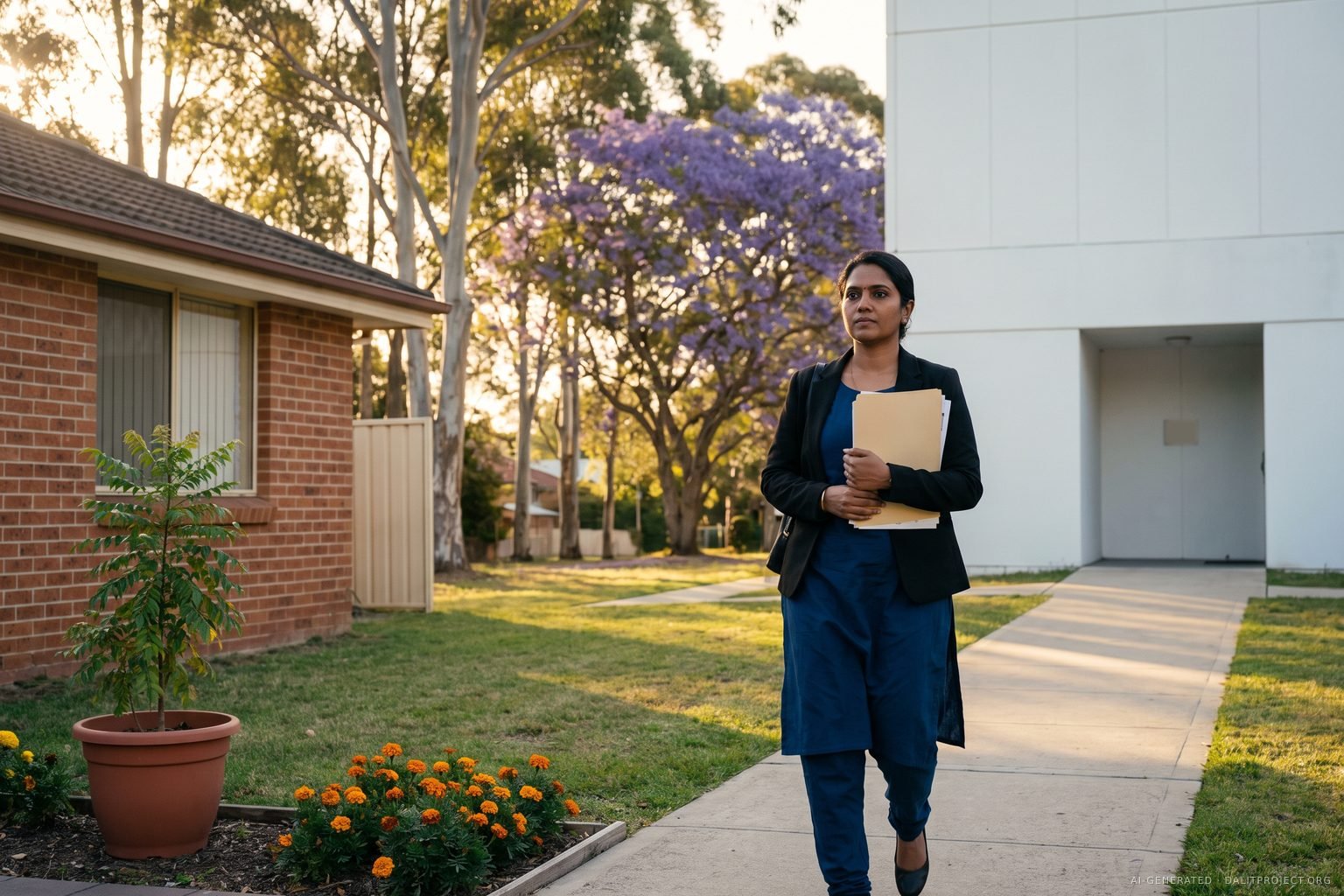 AI-generated image: On a suburban street in western Sydney at golden hour, a South Asian woman in a deep blue kurta and black jacket walks along a footpath holding a plain folder of papers, past a brick house with a potted curry-leaf plant and marigolds, under gum trees and a flowering jacaranda, toward the entrance of a white public building.