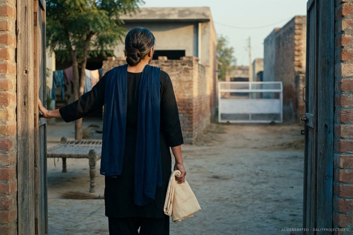 AI-generated image: seen from behind, a woman in a black salwar kameez, a deep-blue dupatta over her shoulders and her greying hair in a bun, holds open the wooden gate of a brick village house, a folded ivory cloth in her other hand, looking down a dirt lane closed by a white metal barricade