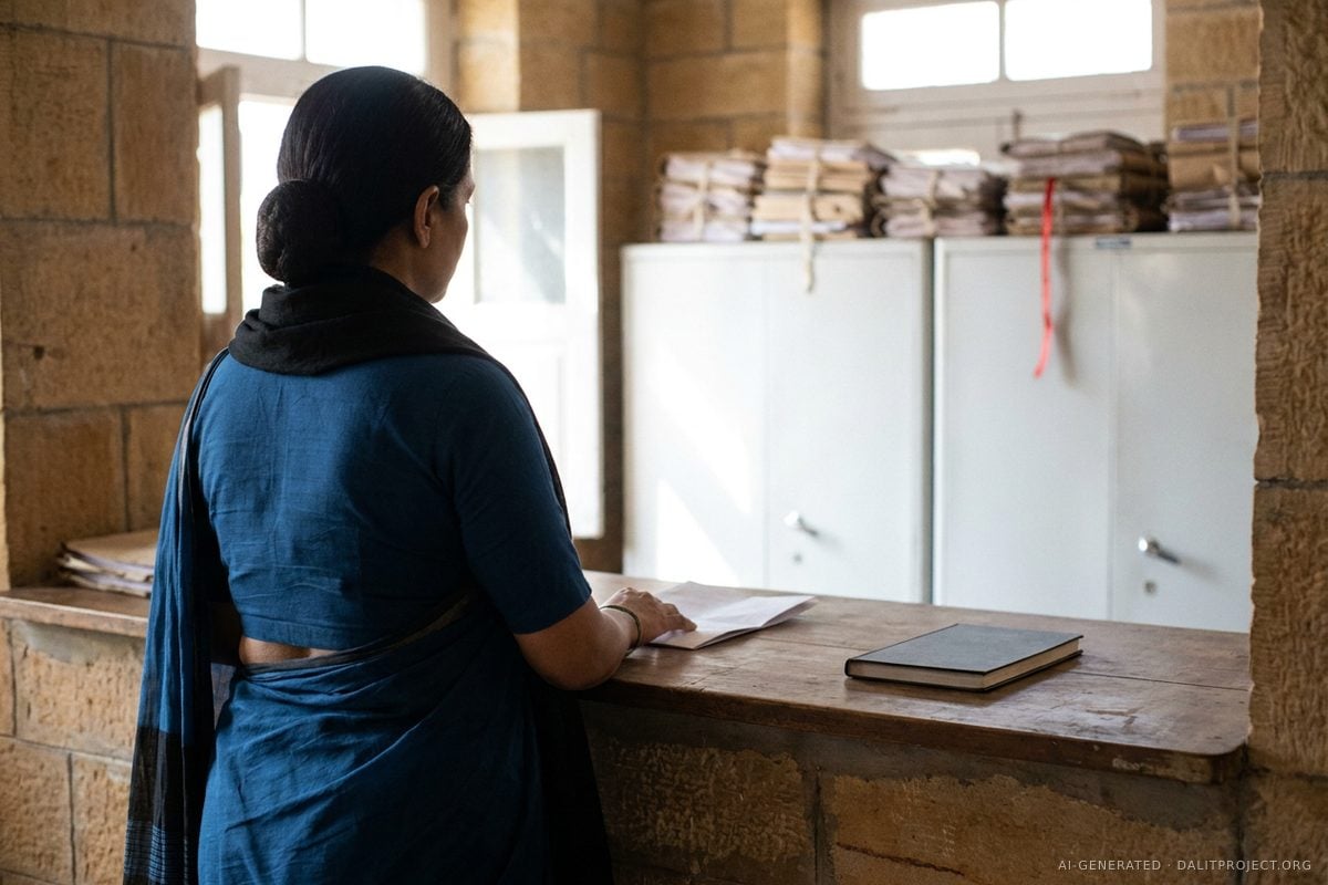 AI-generated image: seen from behind, a woman in a deep-blue sari and black shawl lays a folded complaint on the wooden counter of a police station in a sandstone building, white steel cupboards stacked with tied files beyond it