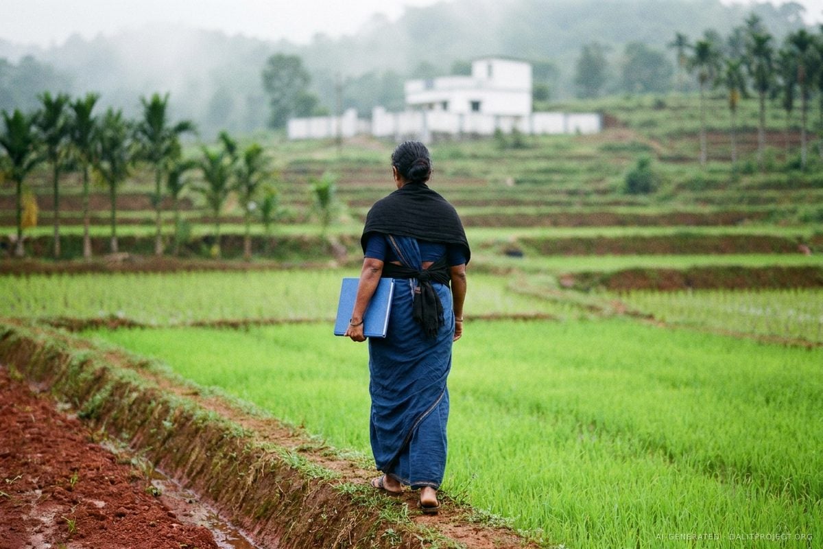 AI-generated image: seen from behind, a woman in a deep-blue sari and black shawl walks along a bund between green paddy terraces in coastal Karnataka, a plain blue folder under her arm, towards a white-walled building on the far hillside