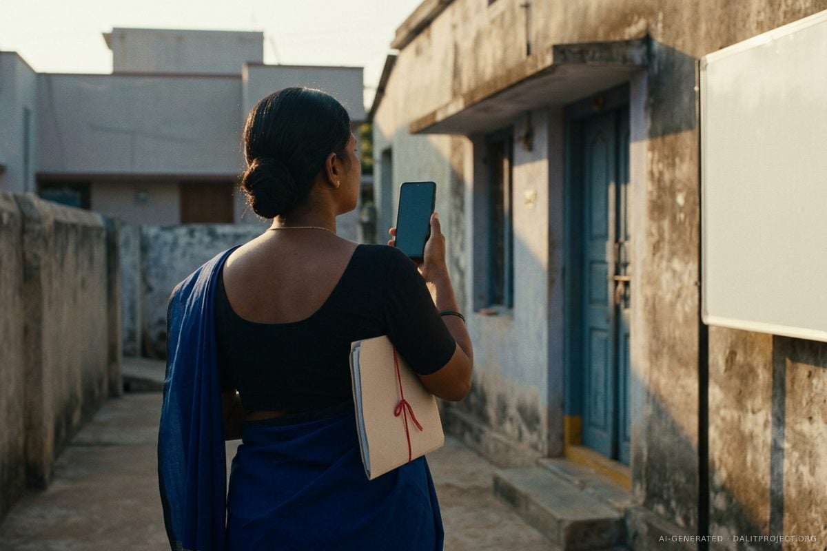 AI-generated image: seen from behind, a woman in a deep-blue sari stands in a village lane holding up a phone, a paper file tied with red string under her arm, a blank white notice board on the wall beside her