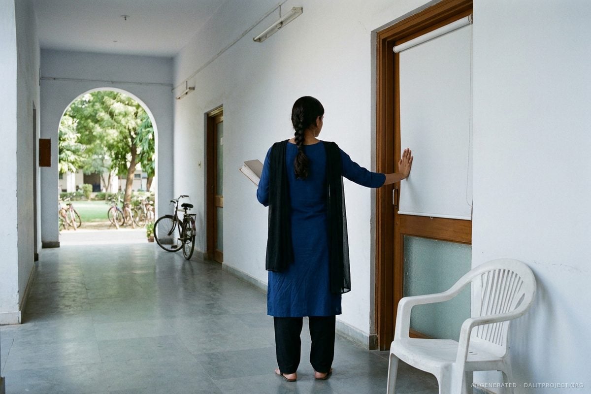 AI-generated image: seen from behind, a young woman in a deep-blue kurta, a black dupatta over her shoulders and her hair in a long plait, presses her palm to an office door whose white blind has been pulled down from inside, beside an empty white plastic chair in a university corridor