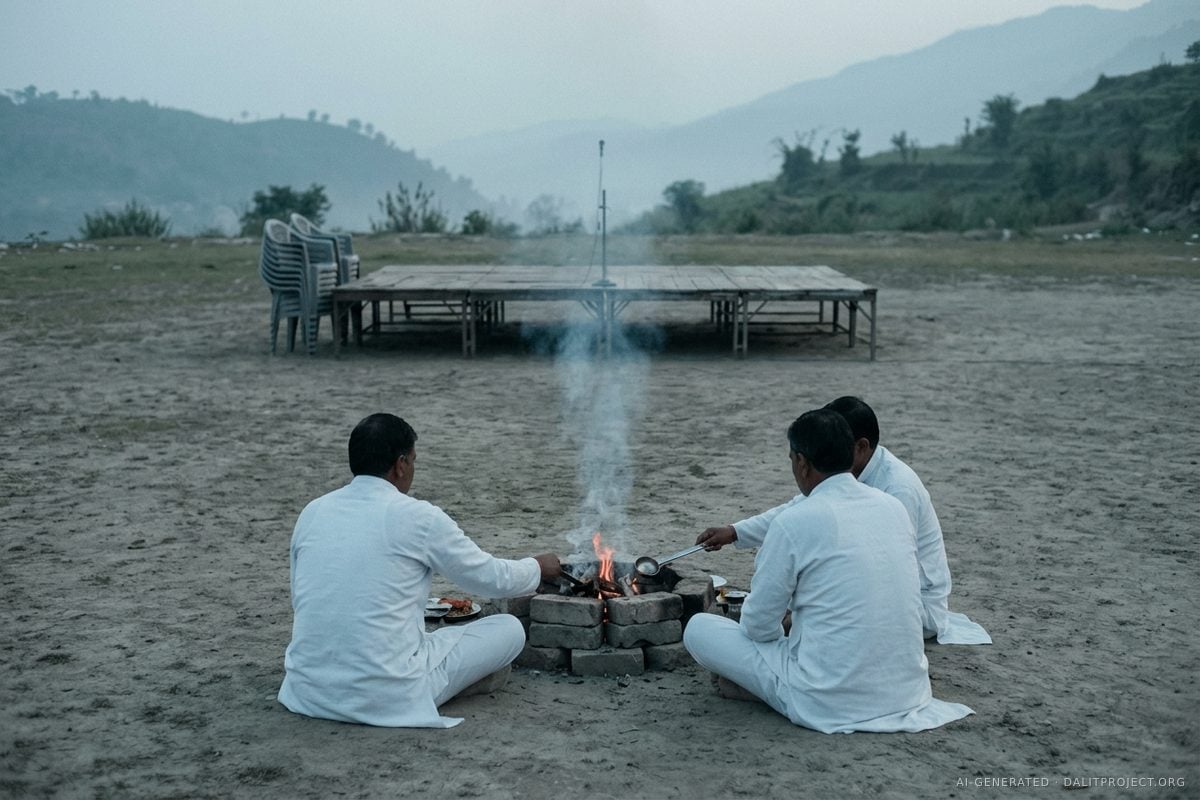 AI-generated image: seen from behind at dawn, three men in white kurtas tend a small ritual fire on an empty public ground, a bare stage and stacked chairs behind them