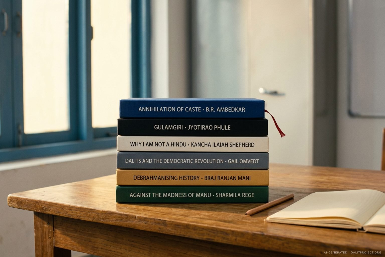 AI-generated image: six plain cloth-bound books stacked on a wooden table by a blue-framed window, spines reading Annihilation of Caste, B.R. Ambedkar; Gulamgiri, Jyotirao Phule; Why I Am Not a Hindu, Kancha Ilaiah Shepherd; Dalits and the Democratic Revolution, Gail Omvedt; Debrahmanising History, Braj Ranjan Mani; Against the Madness of Manu, Sharmila Rege.