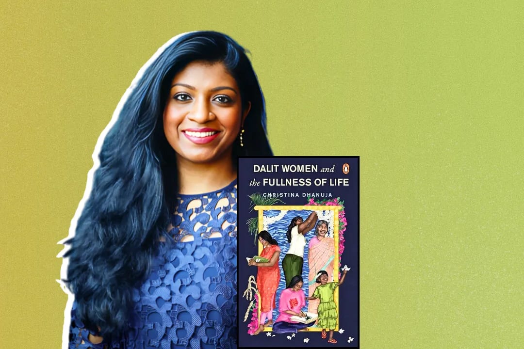 Christina Dhanuja smiling beside the cover of her book Dalit Women and the Fullness of Life