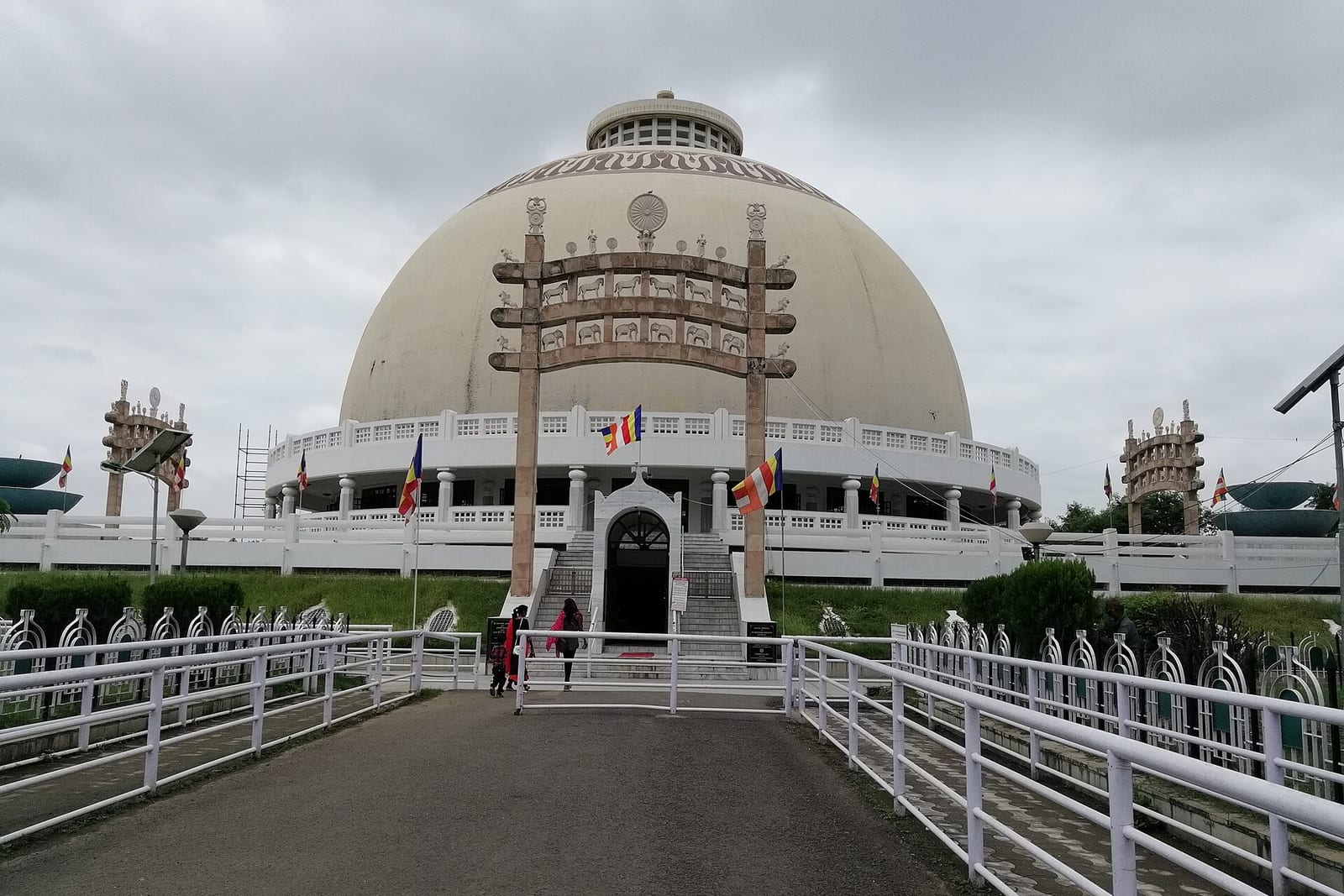 Deekshabhoomi, the large white domed stupa in Nagpur, seen from the approach path