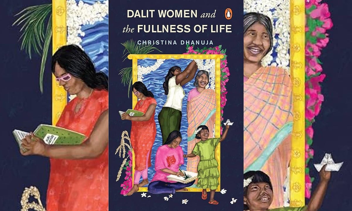 Cover of Dalit Women and the Fullness of Life by Christina Dhanuja: an illustration of Dalit women reading, writing and playing inside a yellow frame