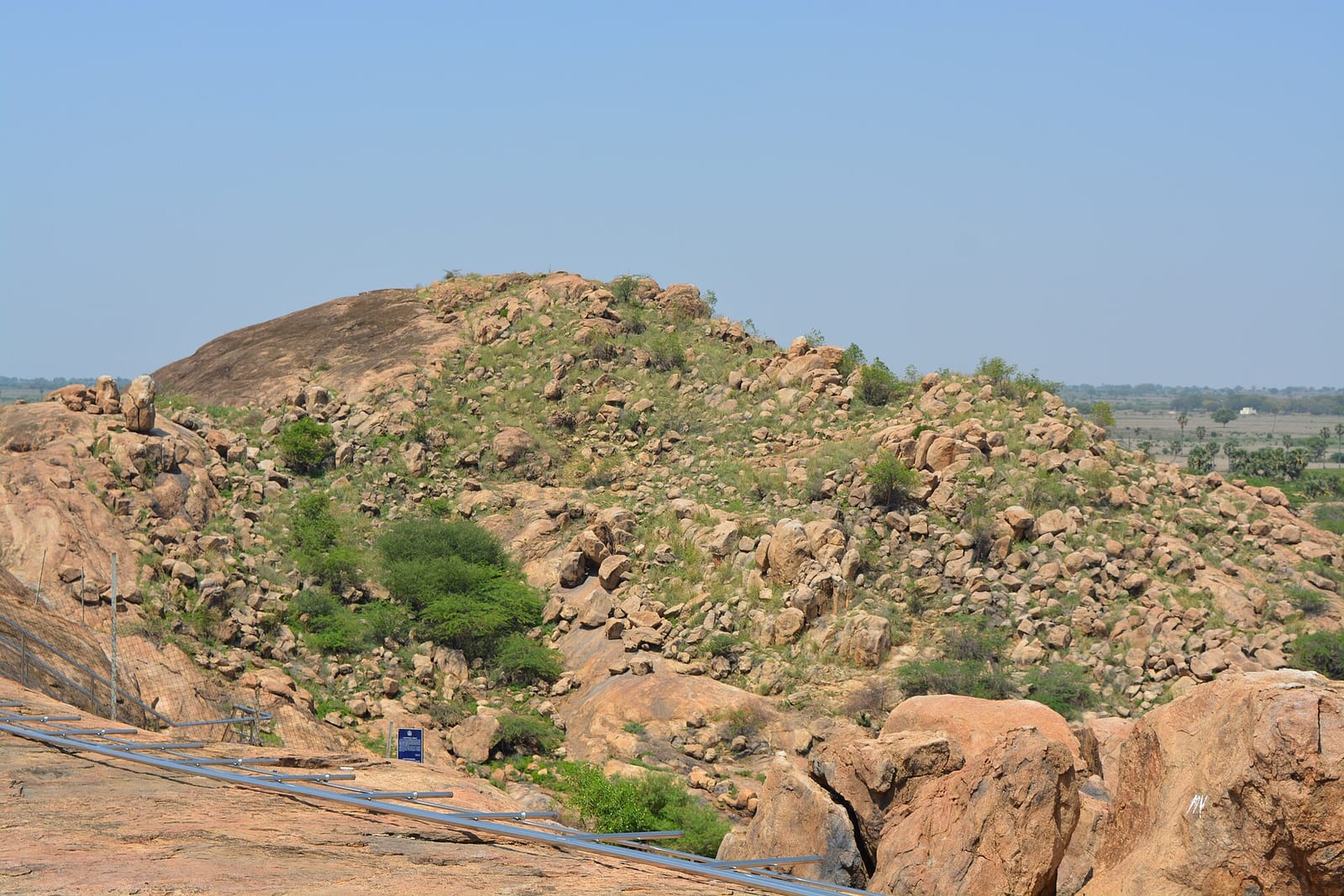 A rocky hill of granite boulders, scrub and green bushes under a pale blue sky, with flat farmland and palm trees in the distance