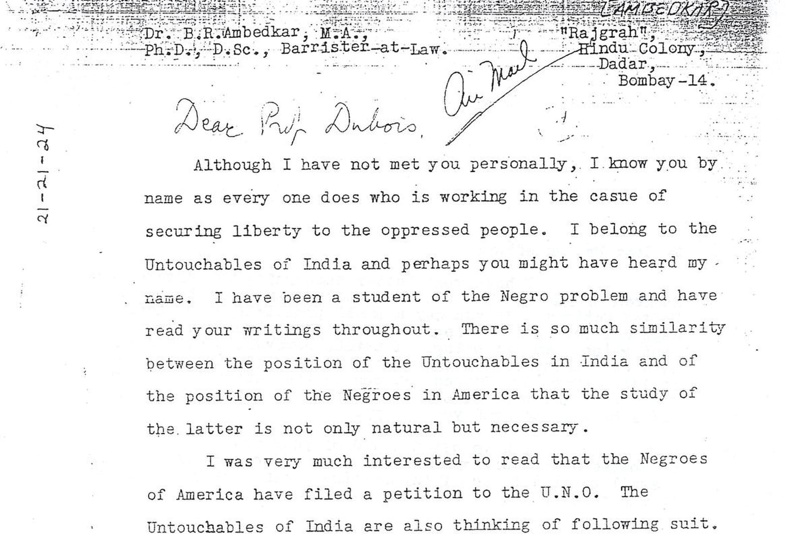 A typed letter on Dr. B.R. Ambedkar's letterhead from Dadar, Bombay, opening by hand 'Dear Prof Dubois' and saying he belongs to the Untouchables of India