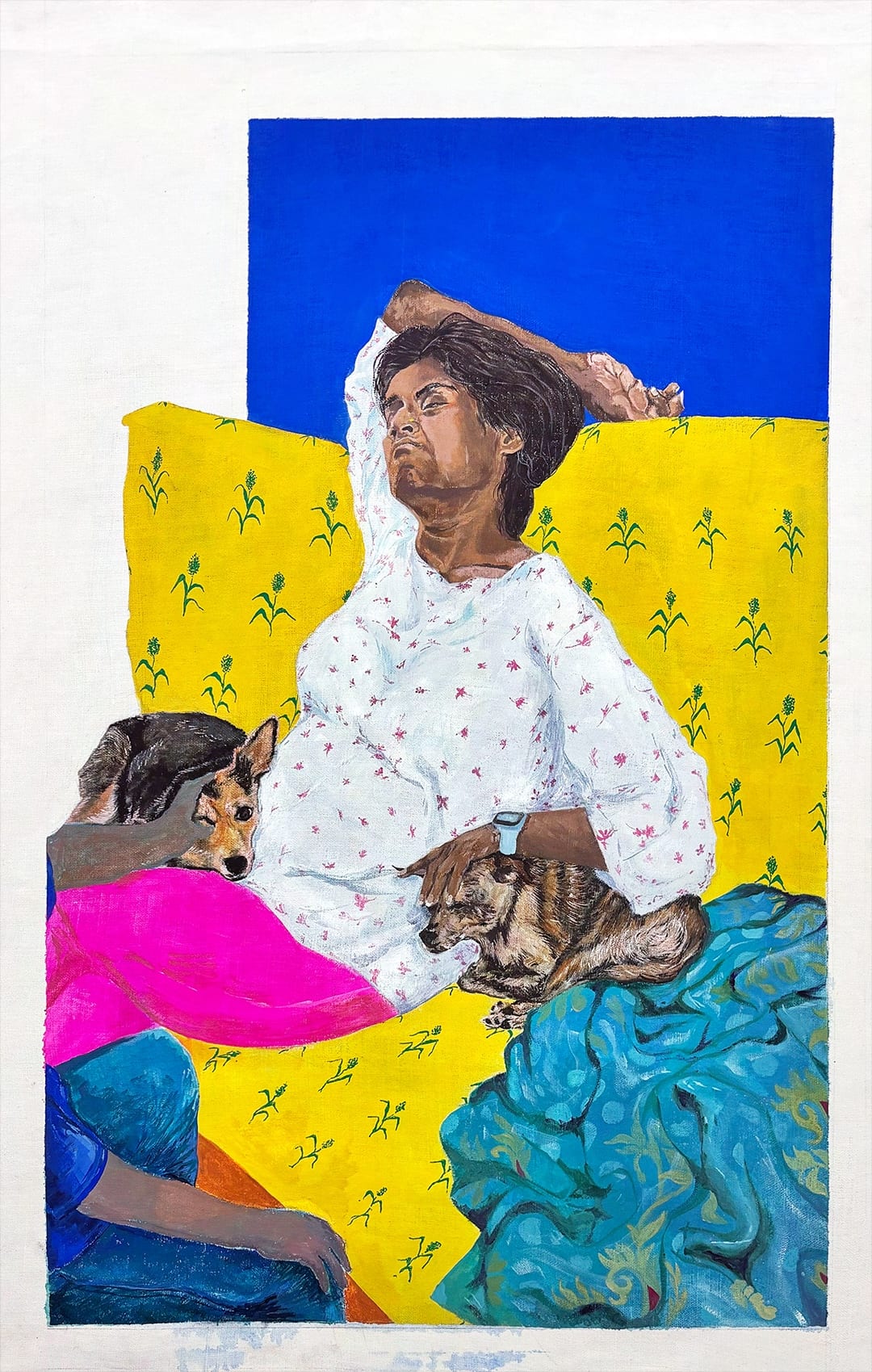 Painting of a woman reclining on a yellow sofa with two cats, one arm raised behind her head