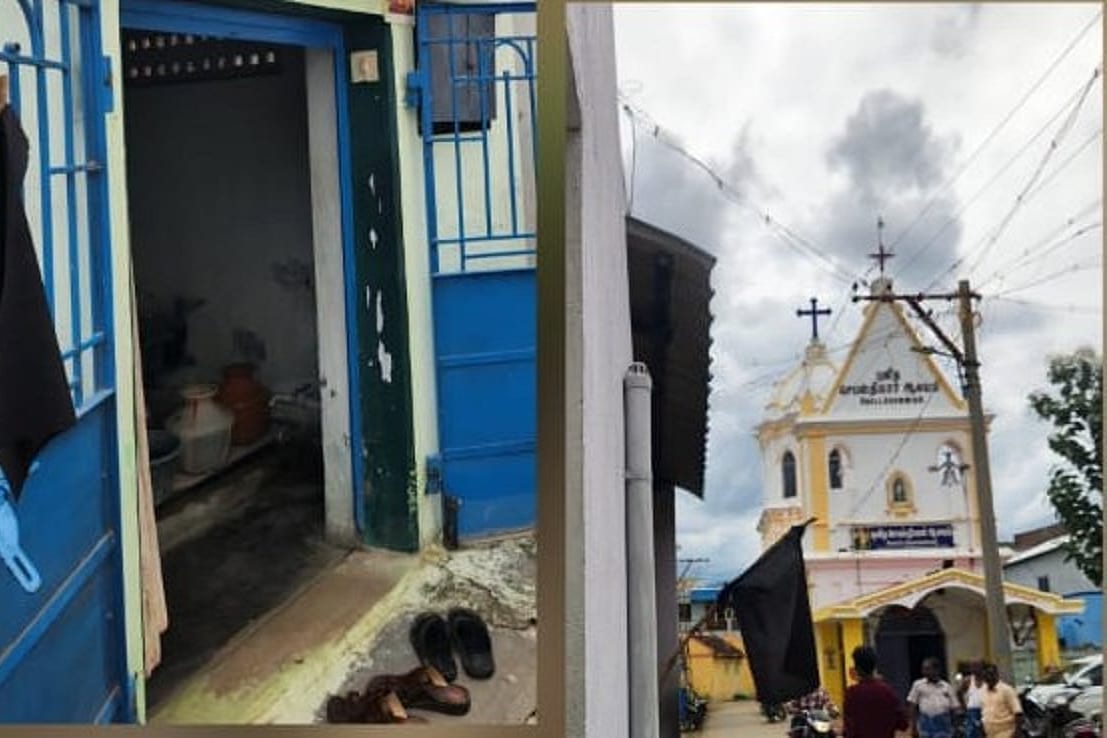 Black flags hang from a Dalit home's door and from a pole facing the St Mary Magdalene Church in Kottapalayam, Tamil Nadu